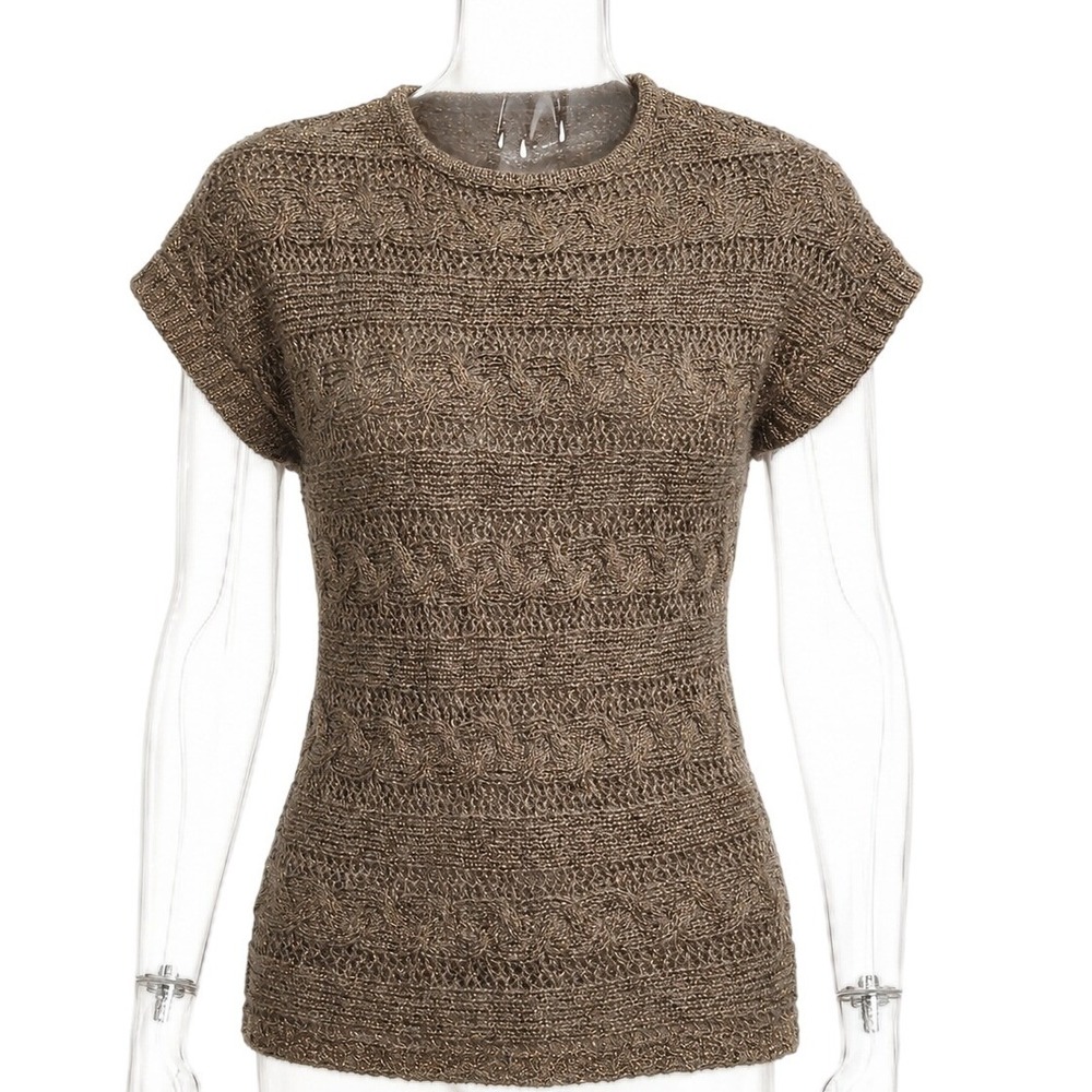 Mohair Blend Metallic Cable Knit Short Sleeve Sweater SKUW739